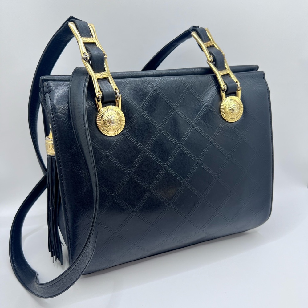 Authentic VERSACE Vintage Black Leather Zip Shoulder Bag Purse W/ Tassel